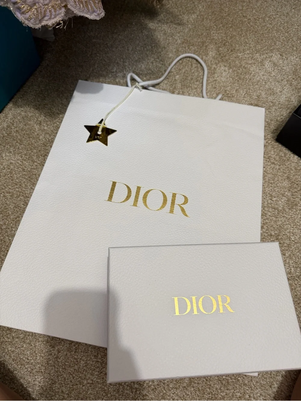 Dior White Gift Bag and Box with Gold Logo